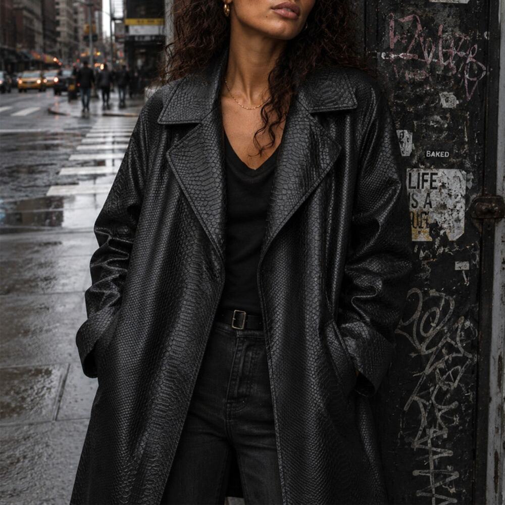 XD Xenia Design Black Croc Embossed Vast Trench Coat Size 6